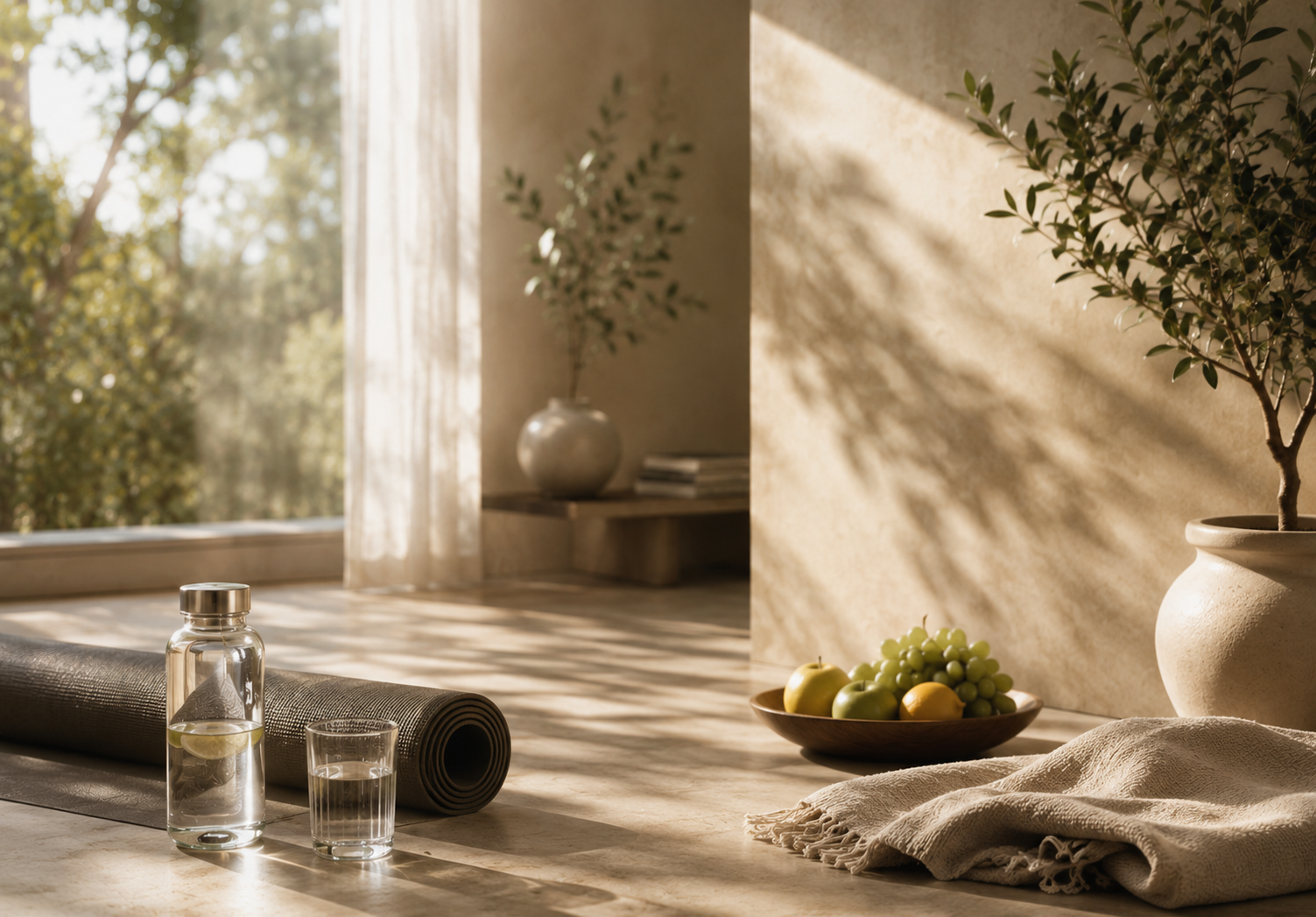 MyRise® — ambiente sereno con luce naturale, tappetino, acqua e frutta
